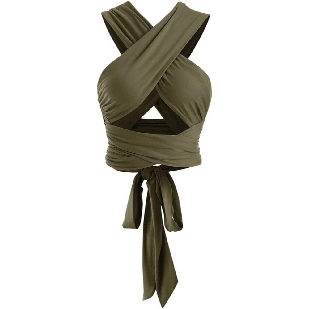 Women’s Ribbed Halter Crop Top with Lace-up and Wrap Features
